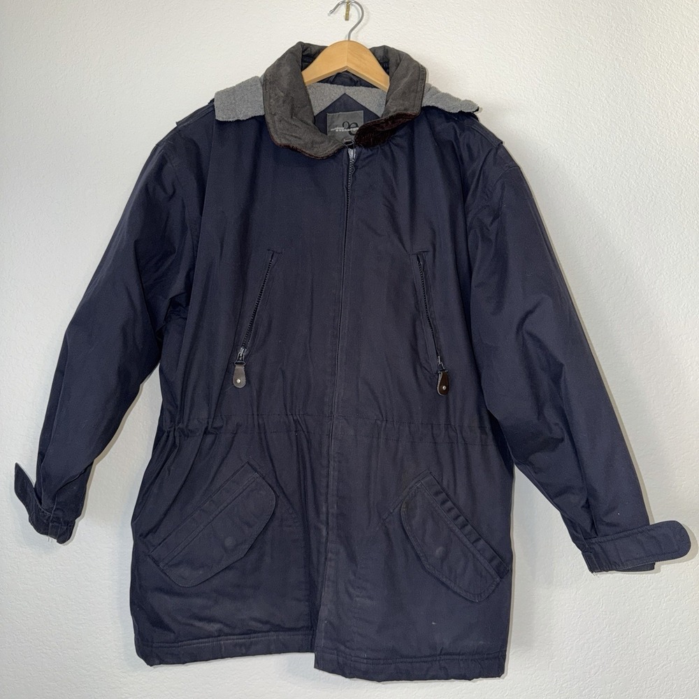 Outdoor Exchange Hooded Parka Jacket Mens Large Navy Fleece Zip Coat